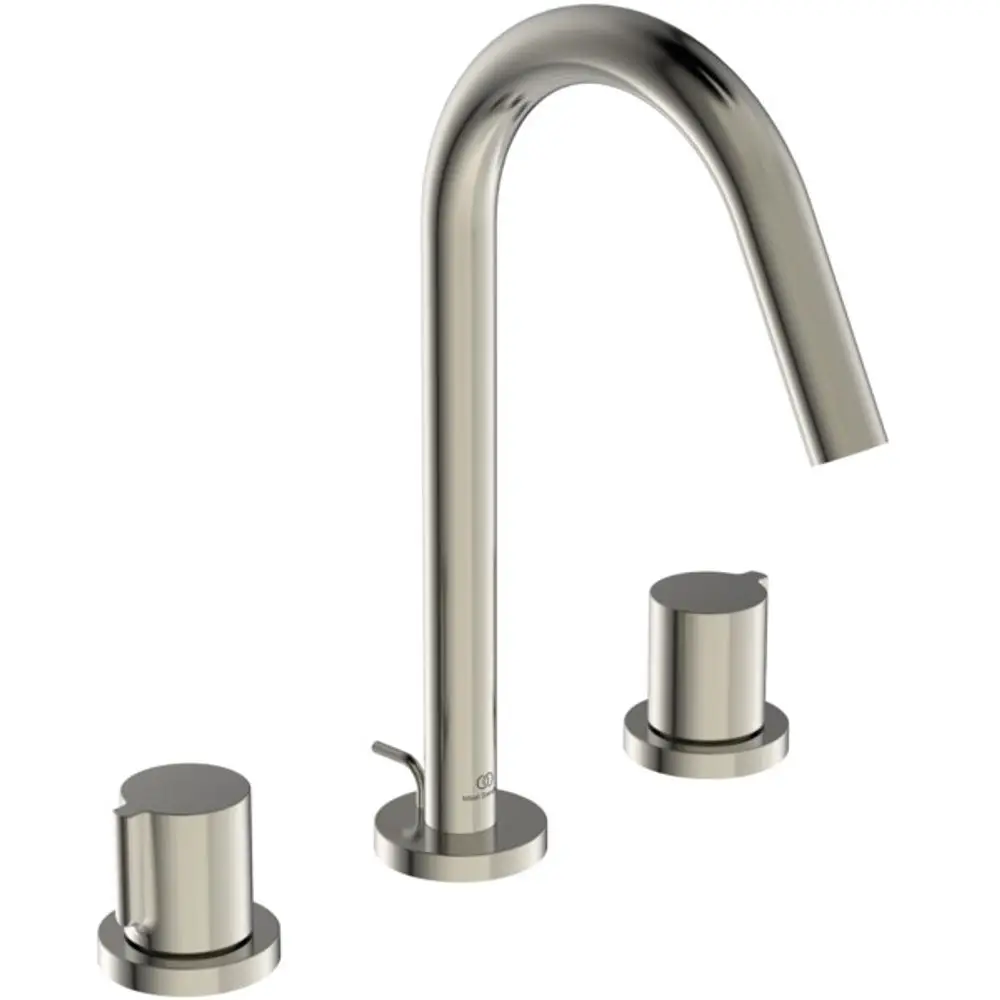 Drei-Loch-Waschtischarmatur von Ideal Standard in Silber mit einem hohen Auslauf und zwei separaten Bedienelementen für Wasserzufuhr und Temperaturregelung.
